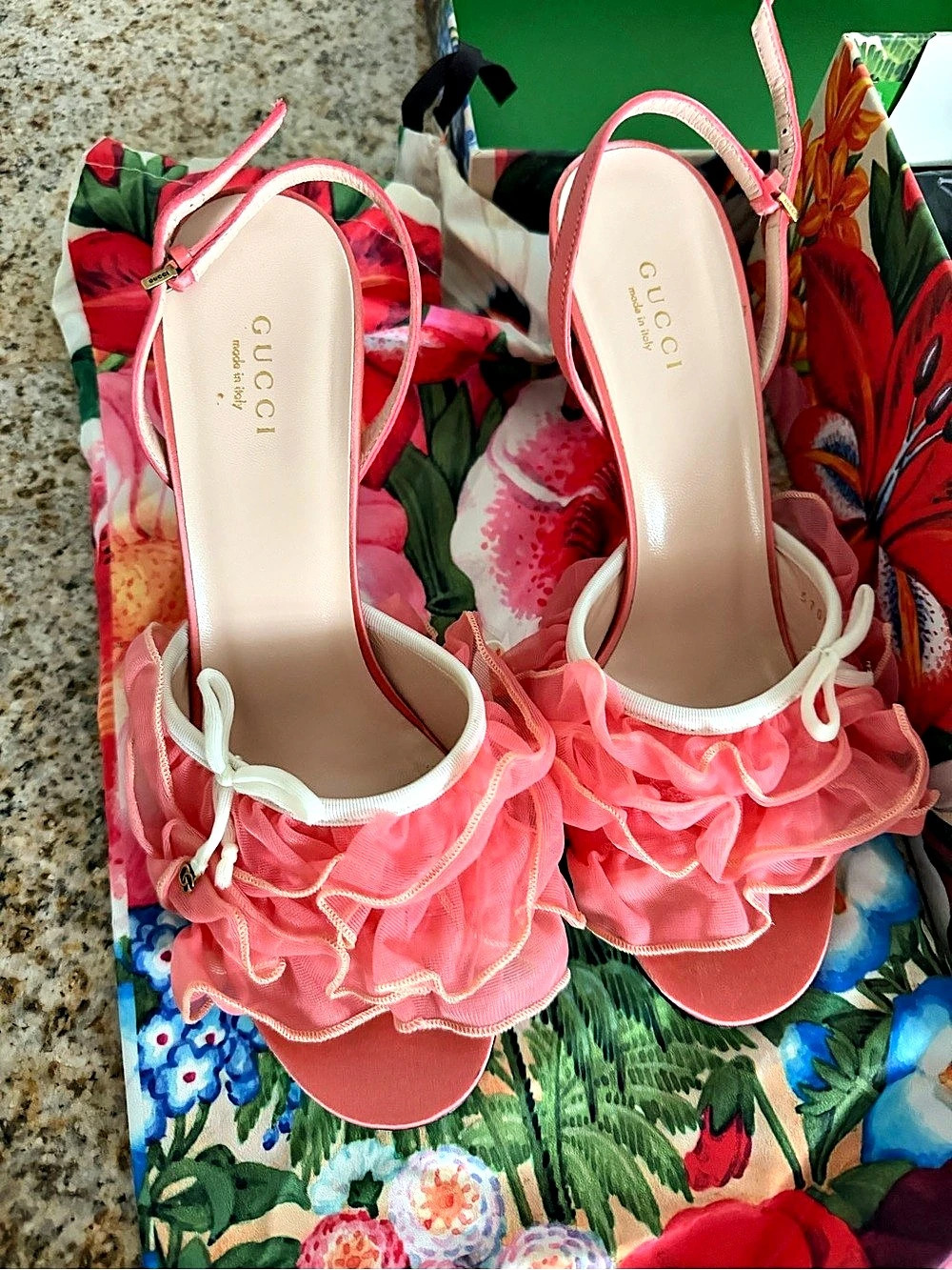 Gucci Tulle Ruffle Slingback Sandals Pink EU 39